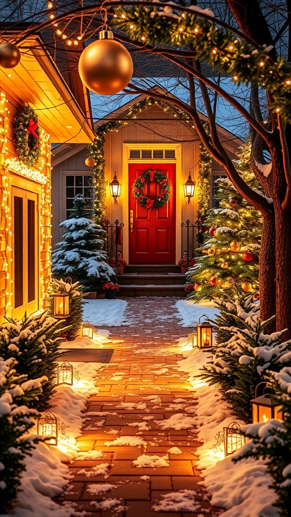 A festive outdoor Christmas decoration scene with lights, wreaths, and ornaments.